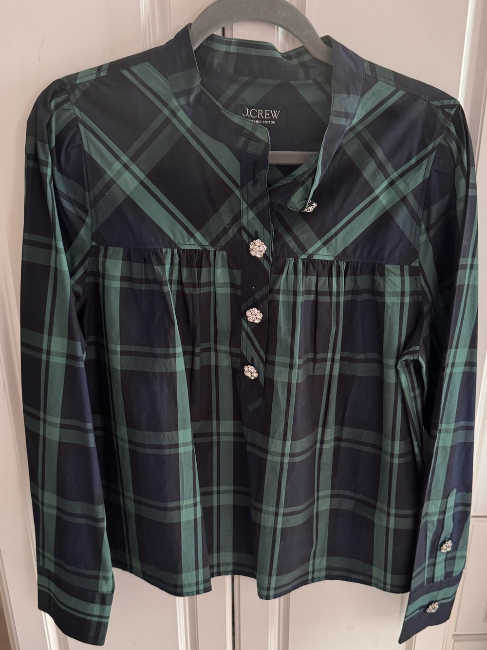 JCrew tartan plaid size medium blouse with rhinestone buttons. New condition